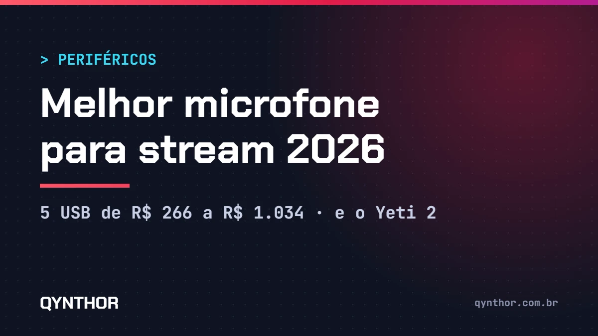 Capa QYNTHOR: melhor microfone para stream 2026, 5 microfones USB de R$ 266 a R$ 1.034 e o Logitech Yeti 2