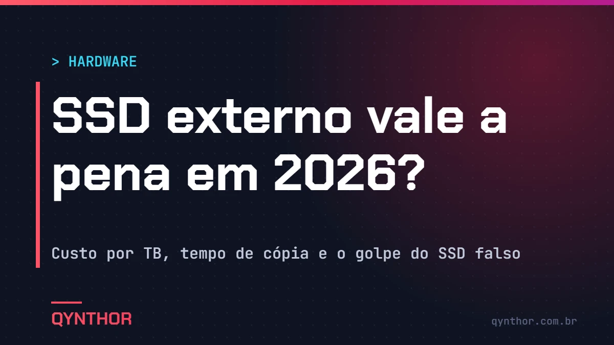 Capa QYNTHOR: SSD externo vale a pena em 2026? Custo por TB contra o HD